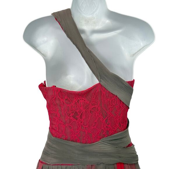 BCBGMAXAZRIA Runway Pink Lace Gray Mesh Ribbon Floral One Shoulder Dress Size 0 - Picture 10 of 12